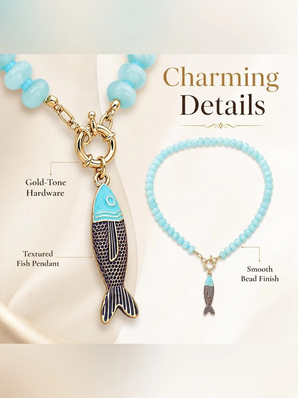 New! Coastal Blue Beaded Fish Charm Necklace